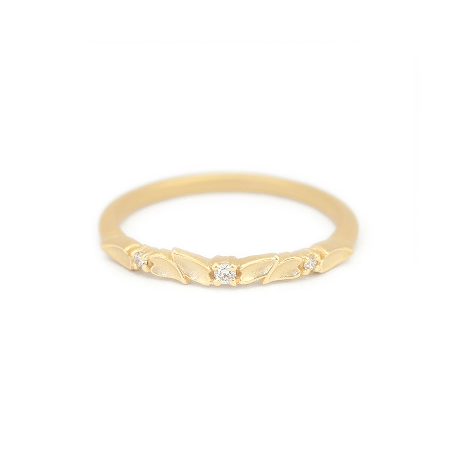 Diamond Wedding Band in Yellow Gold with Botanical Detailing Front 