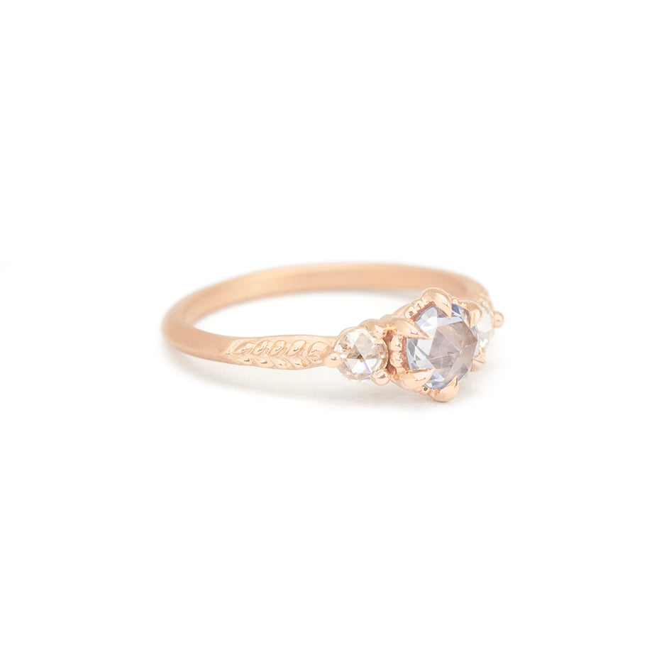 Blue Rose Cut Sapphire Ring in Rose Gold with Detailing Front View