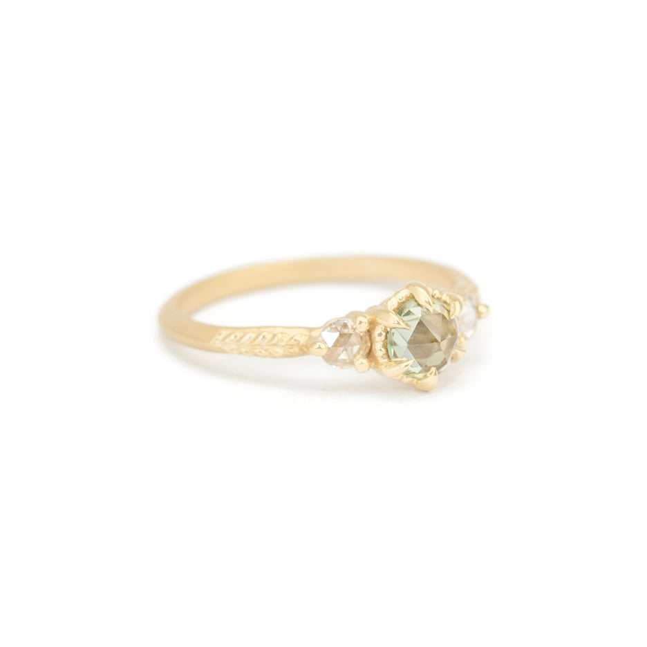 Green Rose Cut Sapphire Ring in Yellow Gold with Detailing Side View