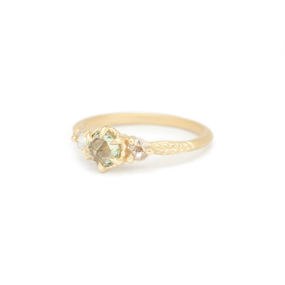 Green Rose Cut Sapphire Ring in Yellow Gold with Detailing Side View