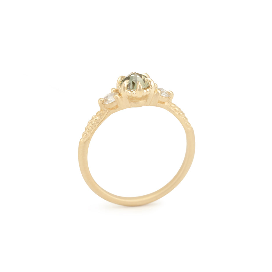 Green Rose Cut Sapphire Ring in Yellow Gold with Detailing Through Finger View