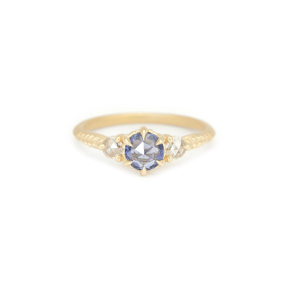 Rose Cut Blue Sapphire Ring in Yellow Gold with Detailing Front View