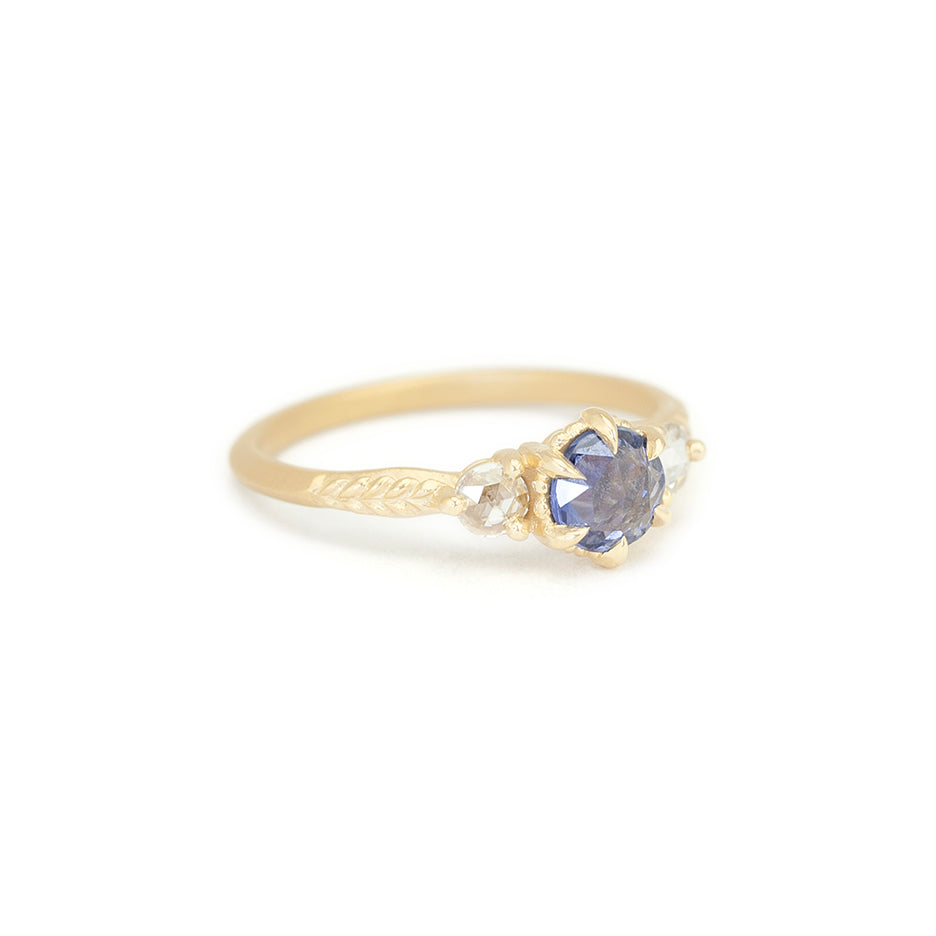 Rose Cut Blue Sapphire Ring in Yellow Gold with Detailing Side View