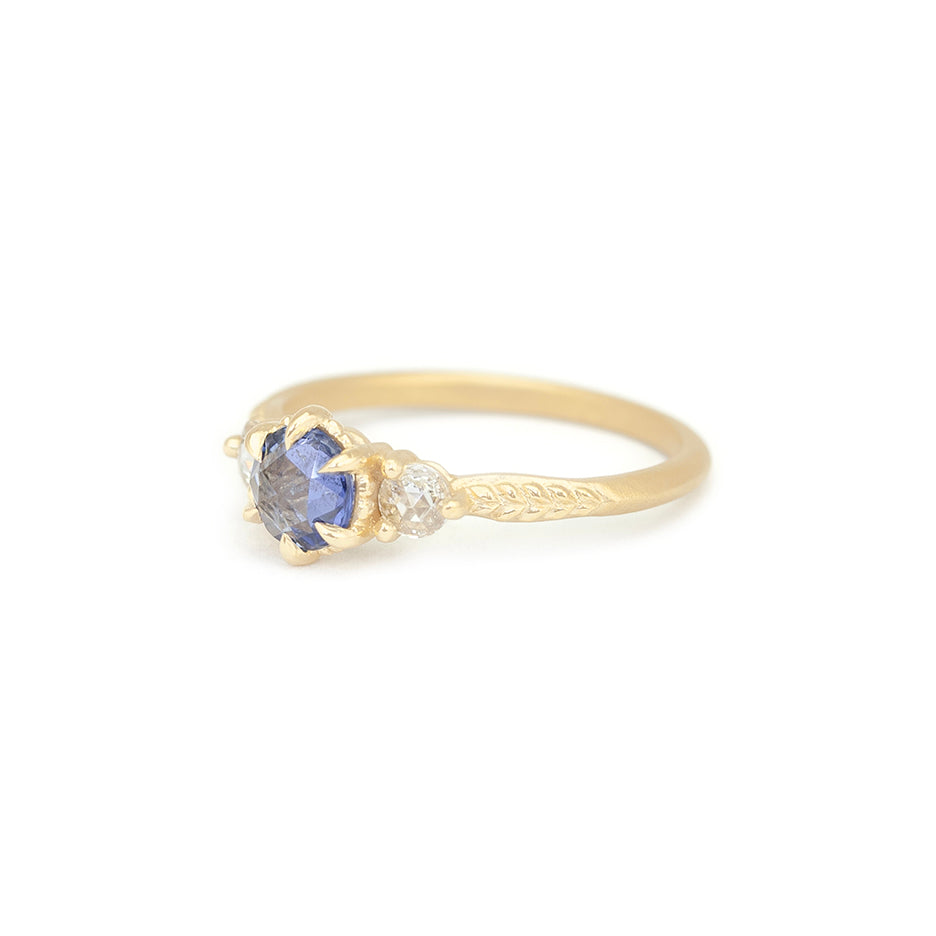Rose Cut Blue Sapphire Ring in Yellow Gold with Detailing Side View