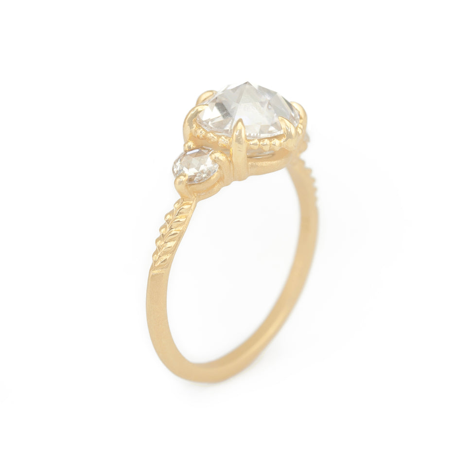 Lab Grown Rose Cut Diamond in Yellow Gold with Detailing Through Finger View