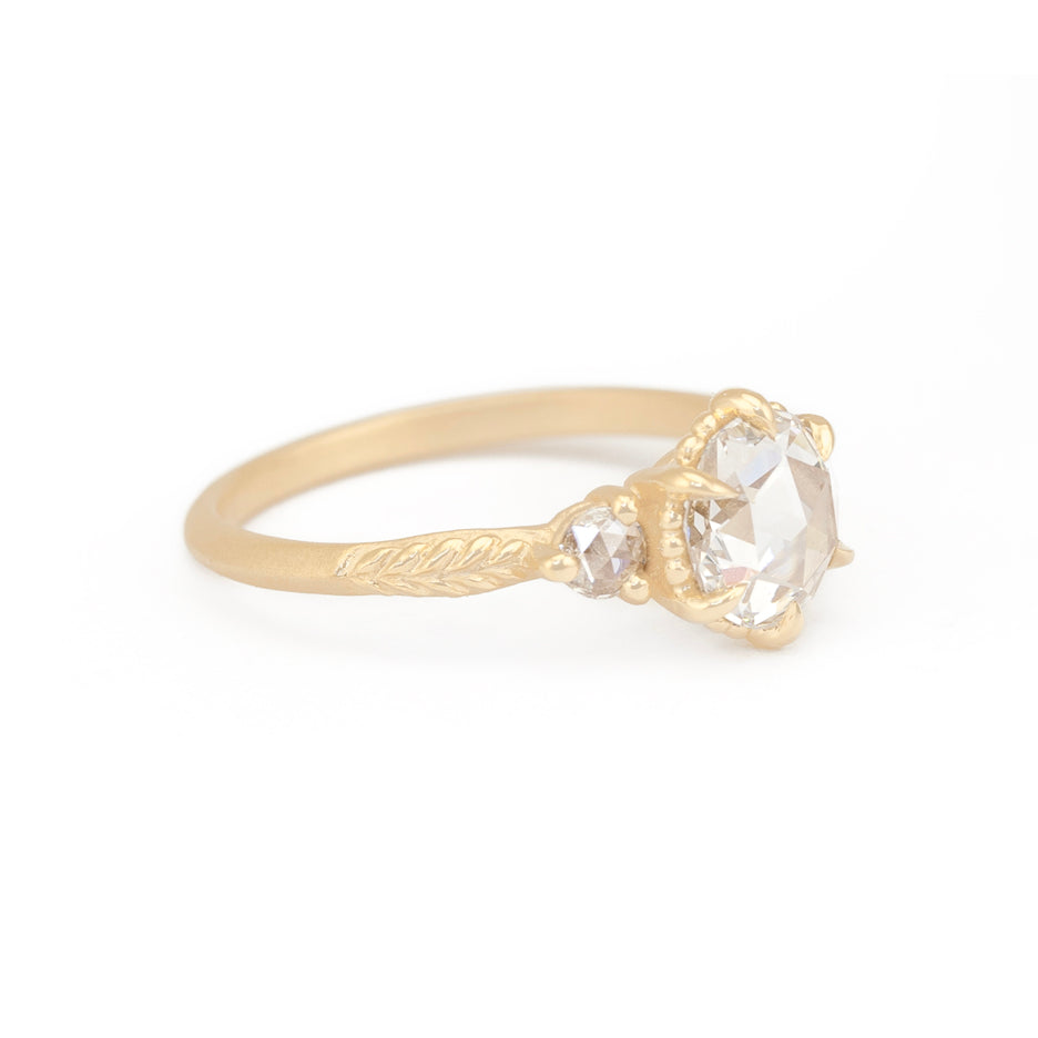 Rose Cut Diamond Ring in Yellow Gold with Botanical Detailing Front View