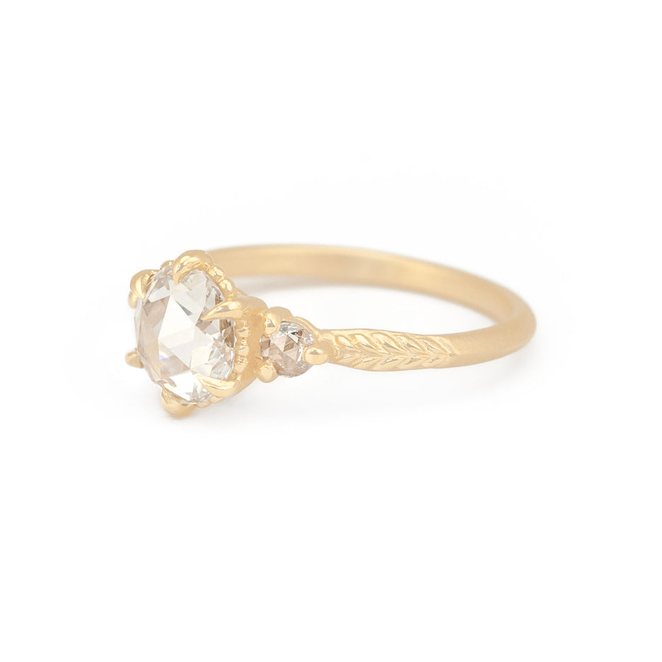 Rose Cut Diamond Ring in Yellow Gold with Botanical Detailing Three Quarter View