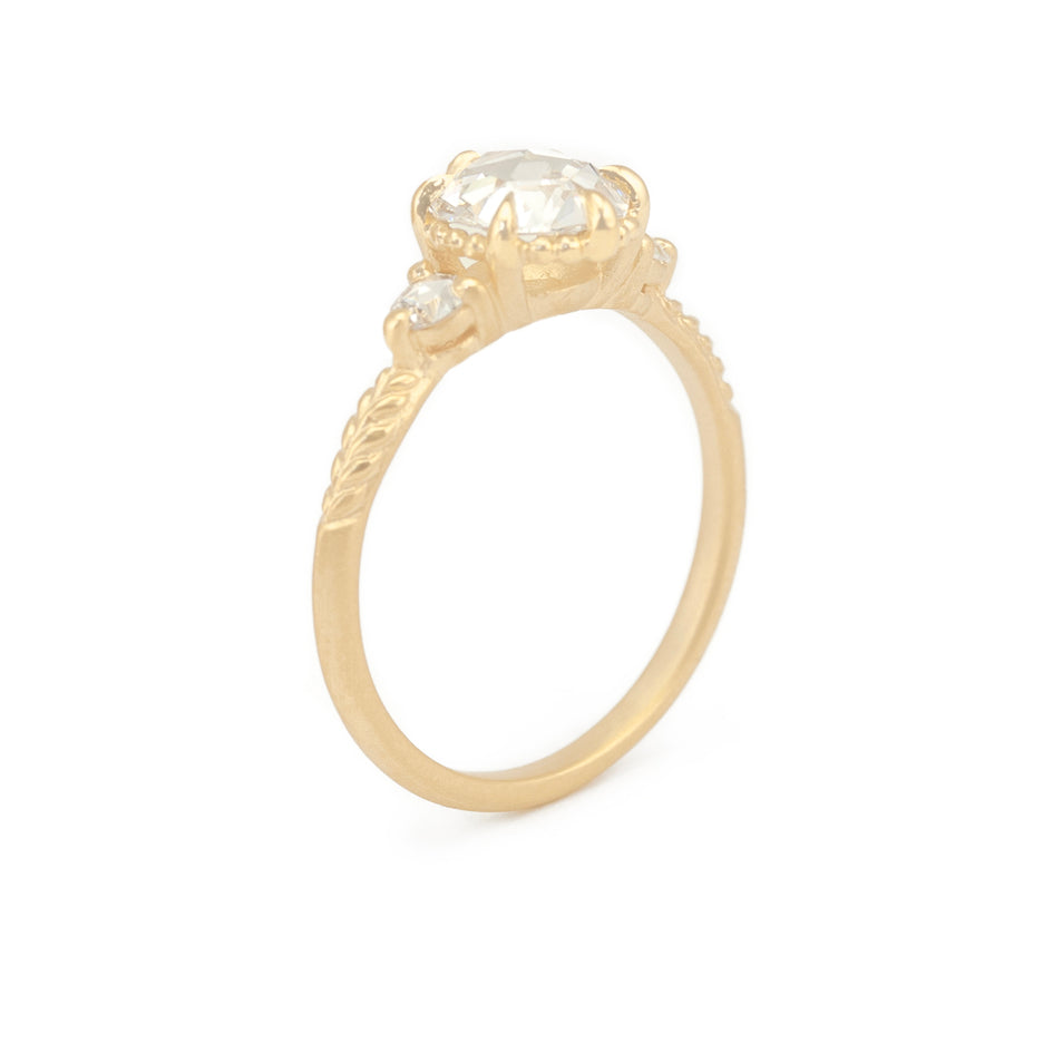 Rose Cut Diamond Ring in Yellow Gold with Botanical Detailing Through Finger View
