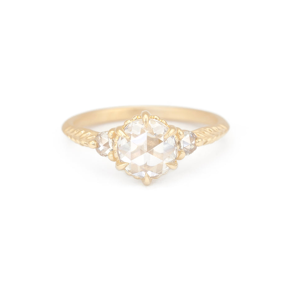 Rose Cut Diamond Ring in Yellow Gold with Botanical Detailing Front View