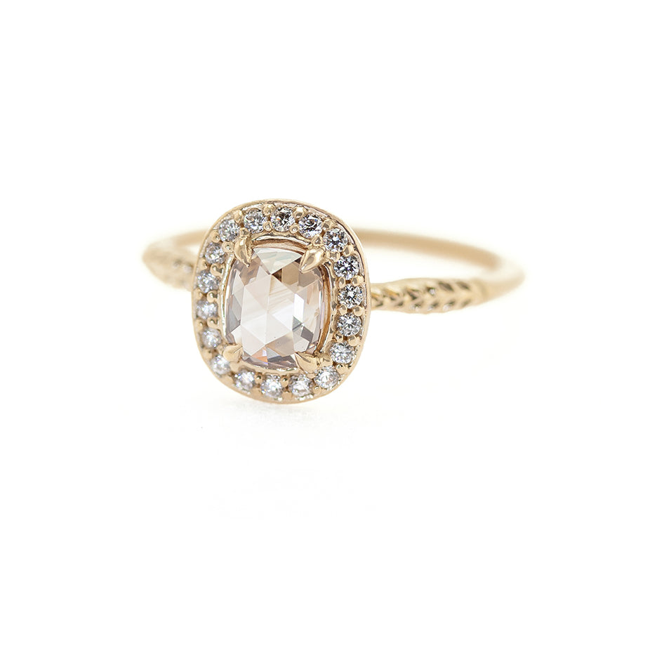 Handmade vintage inspired halo engagement ring with white diamonds and champagne rose cut diamond center with botanical Evergreen details in 18K yellow gold by Designer Megan Thorne