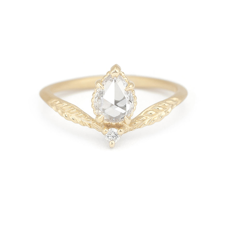 Rose Cut Diamond Non Traditional Engagement Ring in Yellow Gold with Detailing Front View