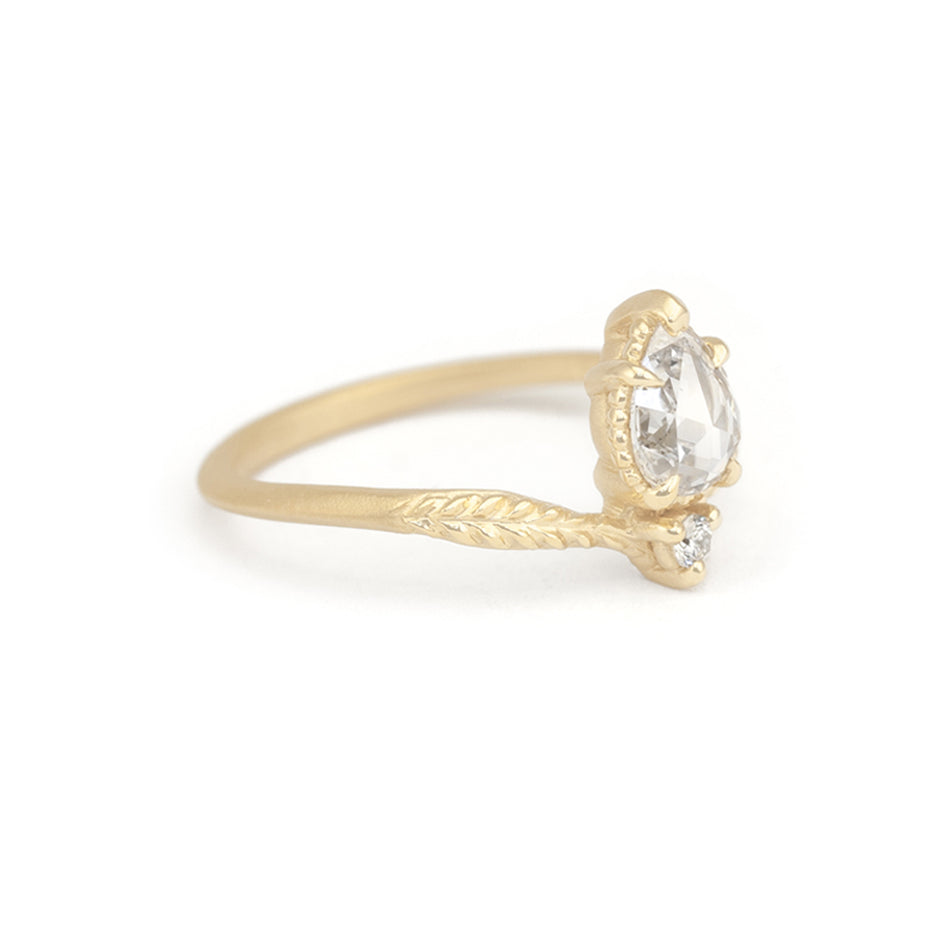 Rose Cut Diamond Non Traditional Engagement Ring in Yellow Gold with Detailing Front View