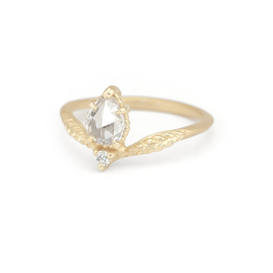 Rose Cut Diamond Non Traditional Engagement Ring in Yellow Gold with Detailing Side View