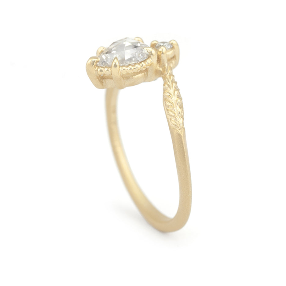 Rose Cut Diamond Non Traditional Engagement Ring in Yellow Gold with Detailing Through Finger View