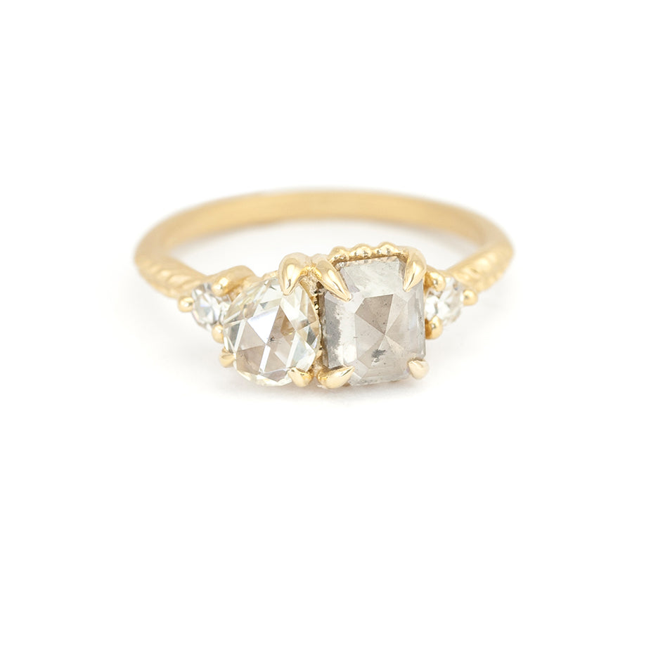 Evergreen Quartet Ring (LC8234) - Antique Rose Cut Pear and Rose Step Cut Salt and Pepper Diamond