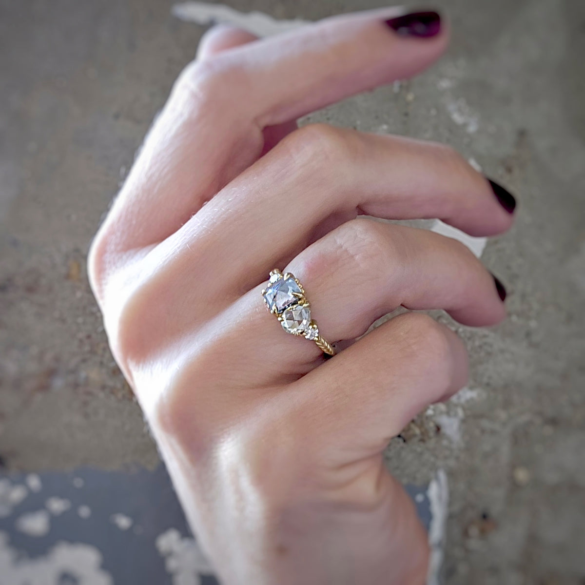 Evergreen Quartet Ring (LC8234) - Antique Rose Cut Pear and Rose Step Cut Salt and Pepper Diamond