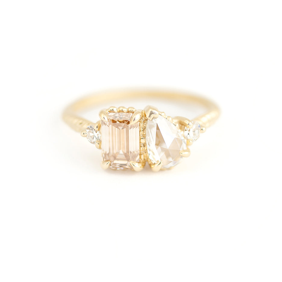 Evergreen Quartet Ring(LC8057)- Rose Cut Pear Diamond and Brown Emerald Cut Diamond