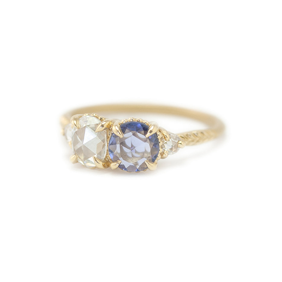 Diamond and Sapphire Engagement Ring in Yellow Gold with Detailing Side View