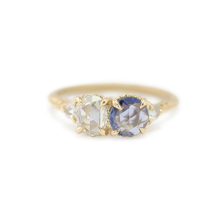 Diamond and Sapphire Engagement Ring in Yellow Gold with Detailing Side View
