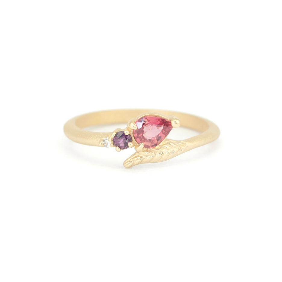 Colored Sapphire Ring with Botanical Yellow Gold Detailing Front View
