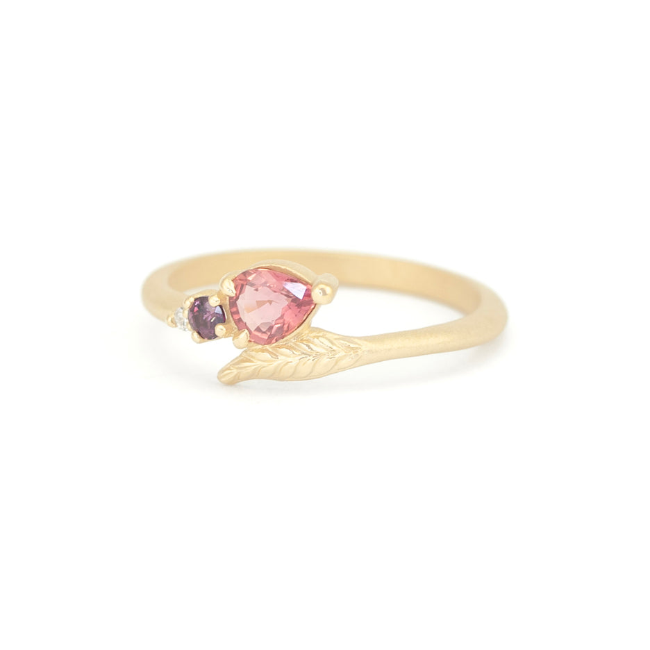 Colored Sapphire Ring with Botanical Yellow Gold Detailing Front View