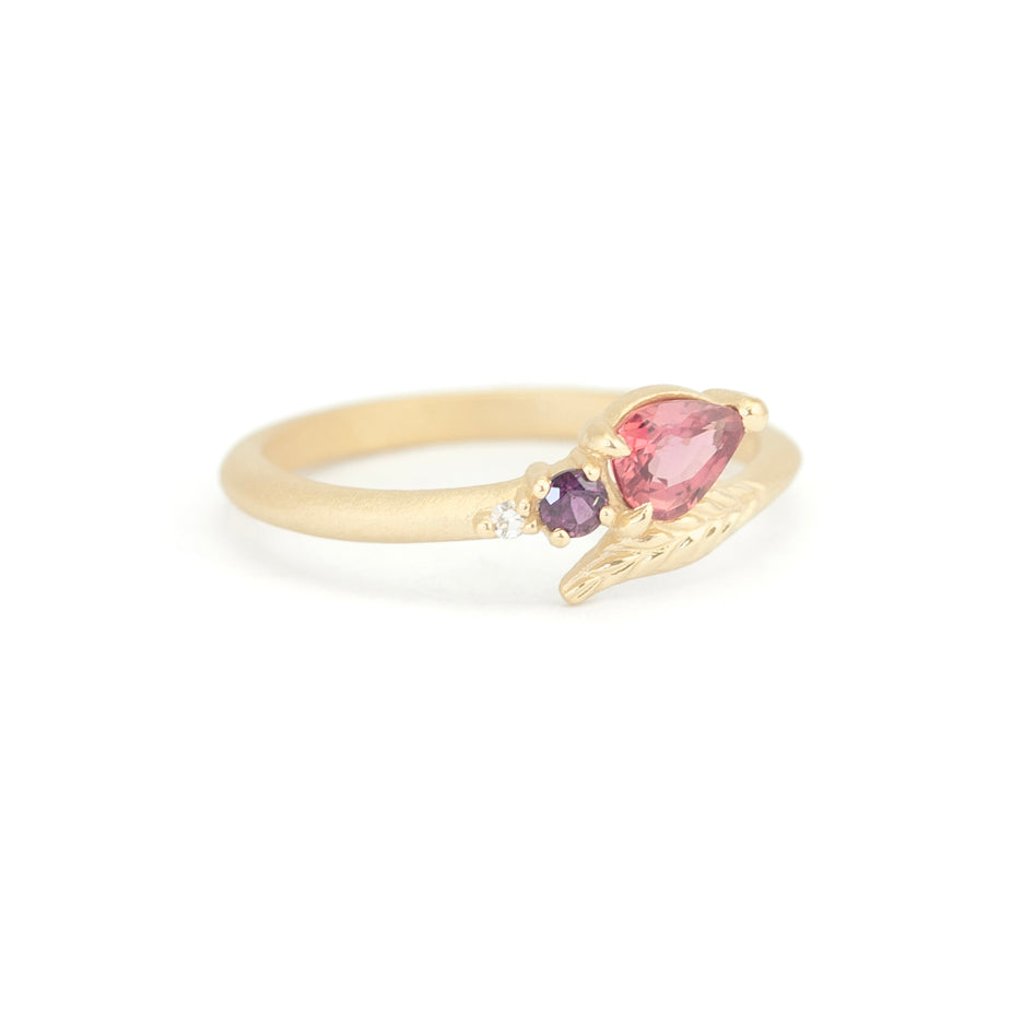 Colored Sapphire Ring with Botanical Yellow Gold Detailing Three Quarter View