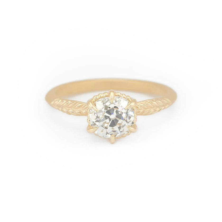 Antique Diamond Ring in Yellow Gold with Botanical Detailing Front View