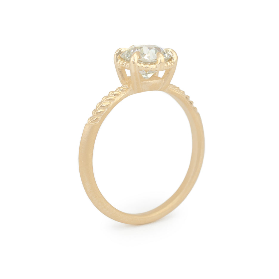 Antique Diamond Ring in Yellow Gold with Botanical Detailing Three Quarter View