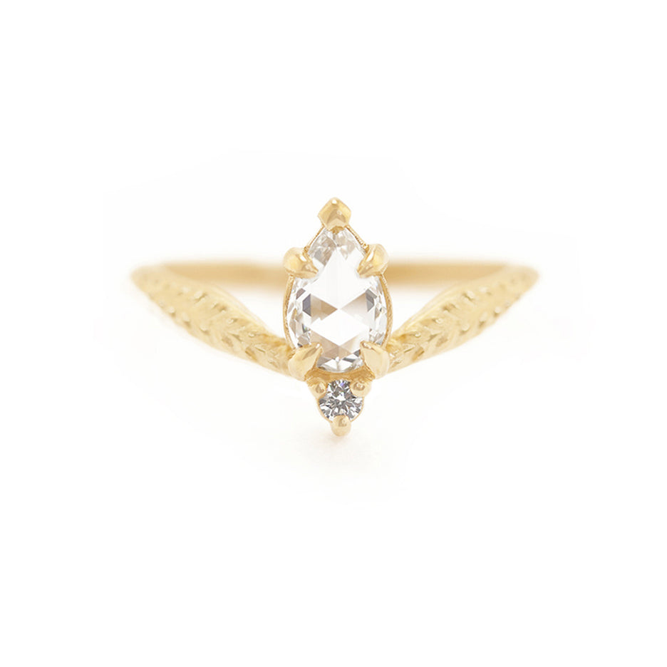 Rose Cut Diamond Engagement Ring in Yellow Gold with Detailing Front View