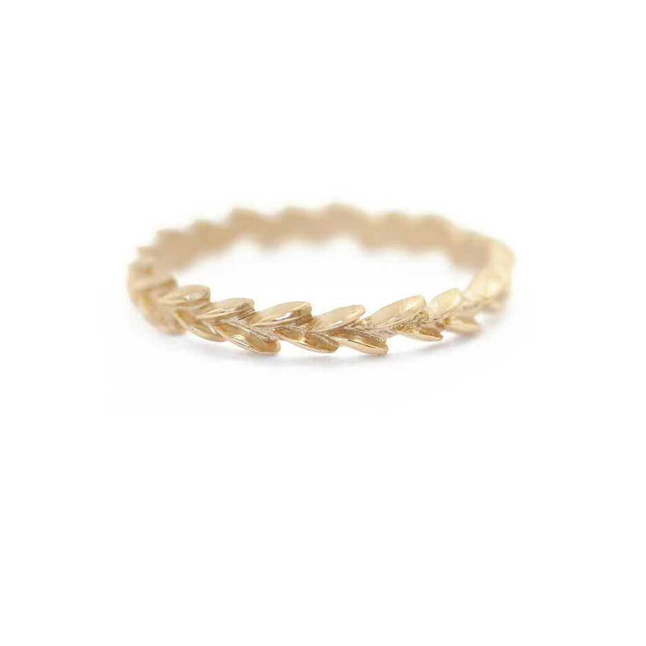 Handmade floral botanical inspired wedding or stacking band hand carved in 18K yellow gold by Designer Megan Thorne