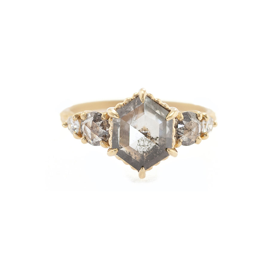 Handmade 5-stone engagement ring with fancy hexagon shaped salt and pepper diamond and single cut accents in 18K yellow gold by Designer Megan Thorne