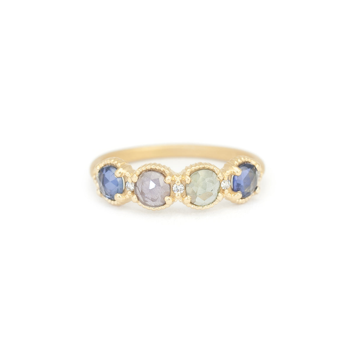 Rose Cut Colored Sapphire Band in Yellow Gold with Detailing Front View