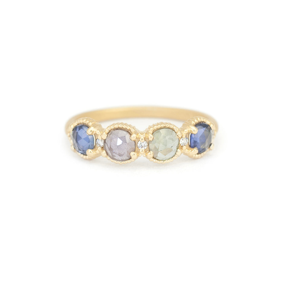 Rose Cut Colored Sapphire Band in Yellow Gold with Detailing Front View