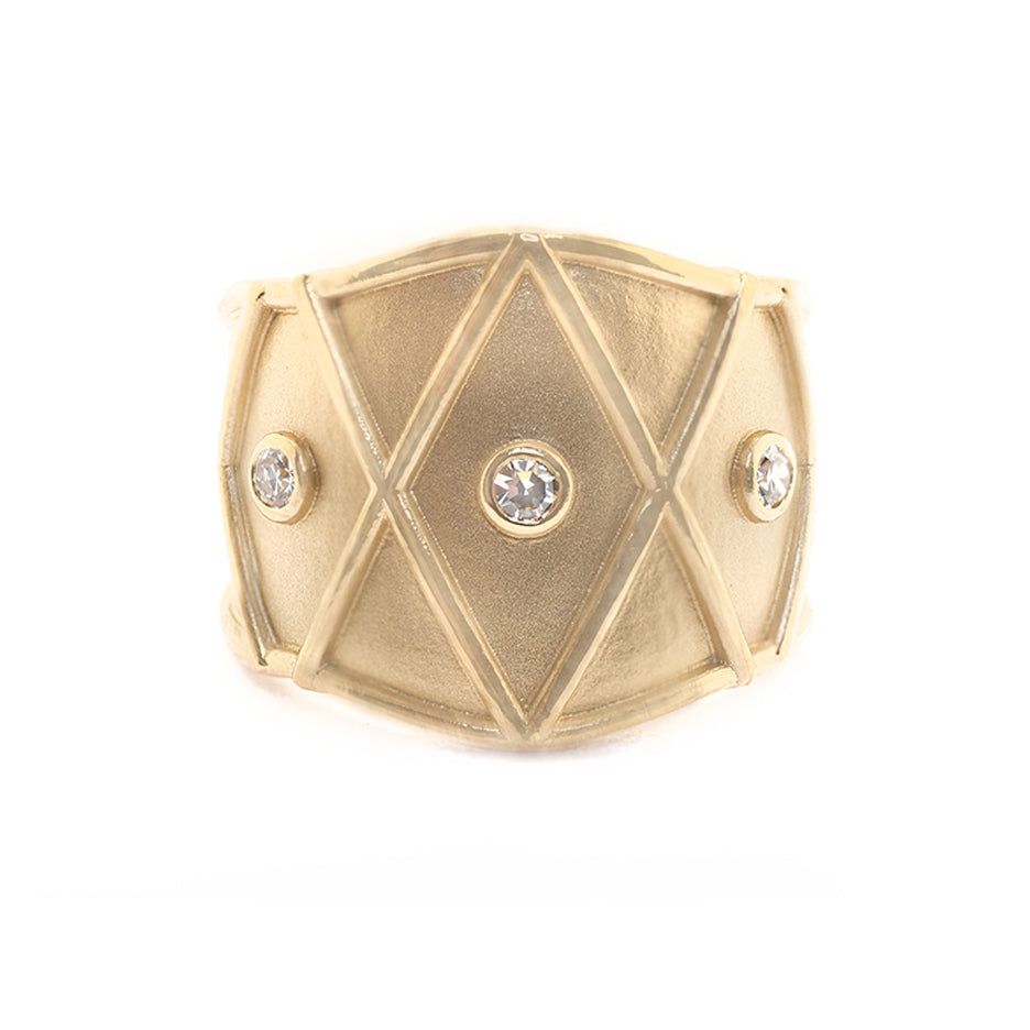 Handmade wide cigar band with lattice details and accent diamonds. Statement ring by Designer Megan Thorne