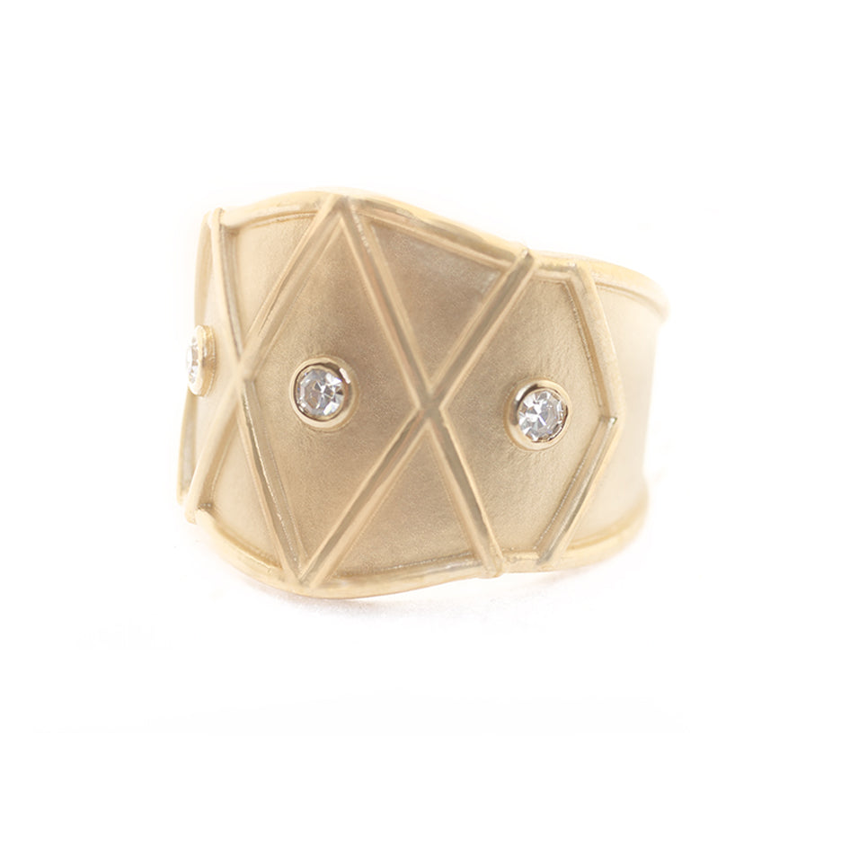 Handmade wide cigar band with lattice details and accent diamonds. Statement ring by Designer Megan Thorne