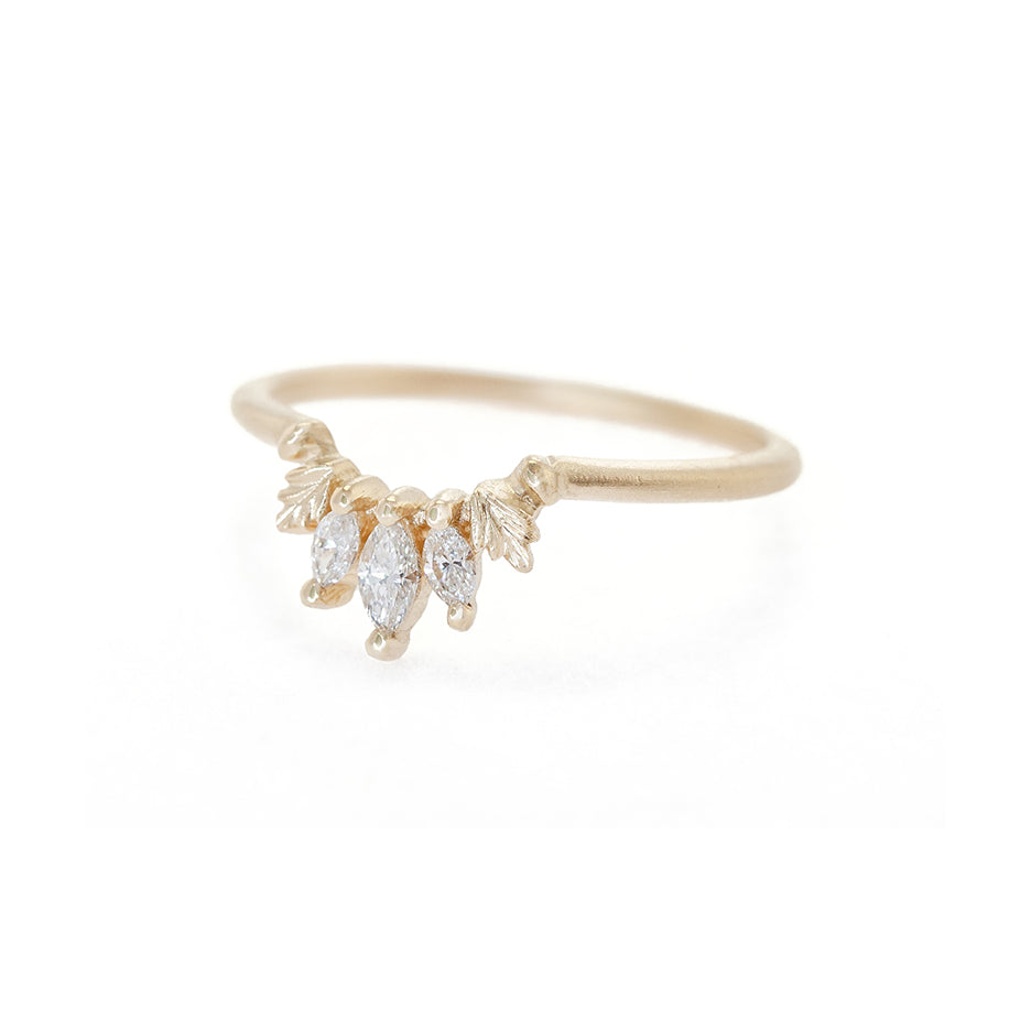 Handmade 3 stone wedding band or stacking ring to guard engagement ring with marquise diamonds botanical Wood Nymph details in 18K yellow gold by Designer Megan Thorne