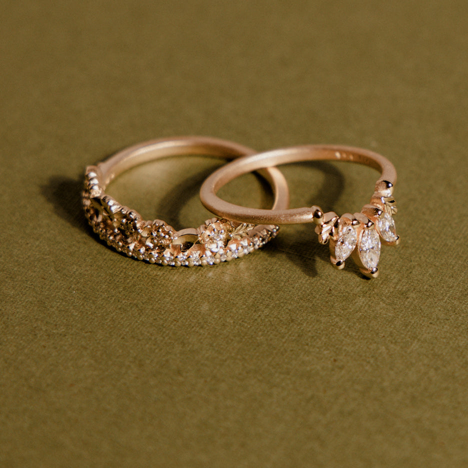 Diamond Wedding Band in Yellow Gold with Botanical Detailing Front View