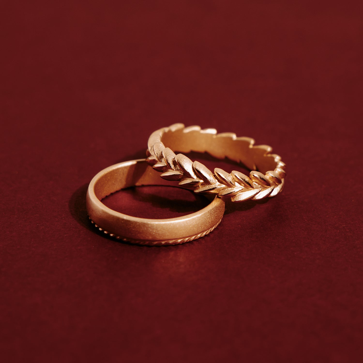 Handmade simple mens wedding band with botanical Evergreen details in 18K yellow gold by Designer Megan Thorne