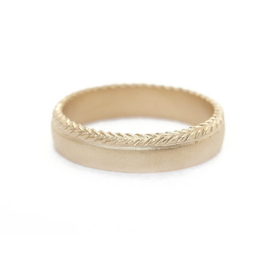 Handmade simple mens wedding band with botanical Evergreen details in 18K yellow gold by Designer Megan Thorne