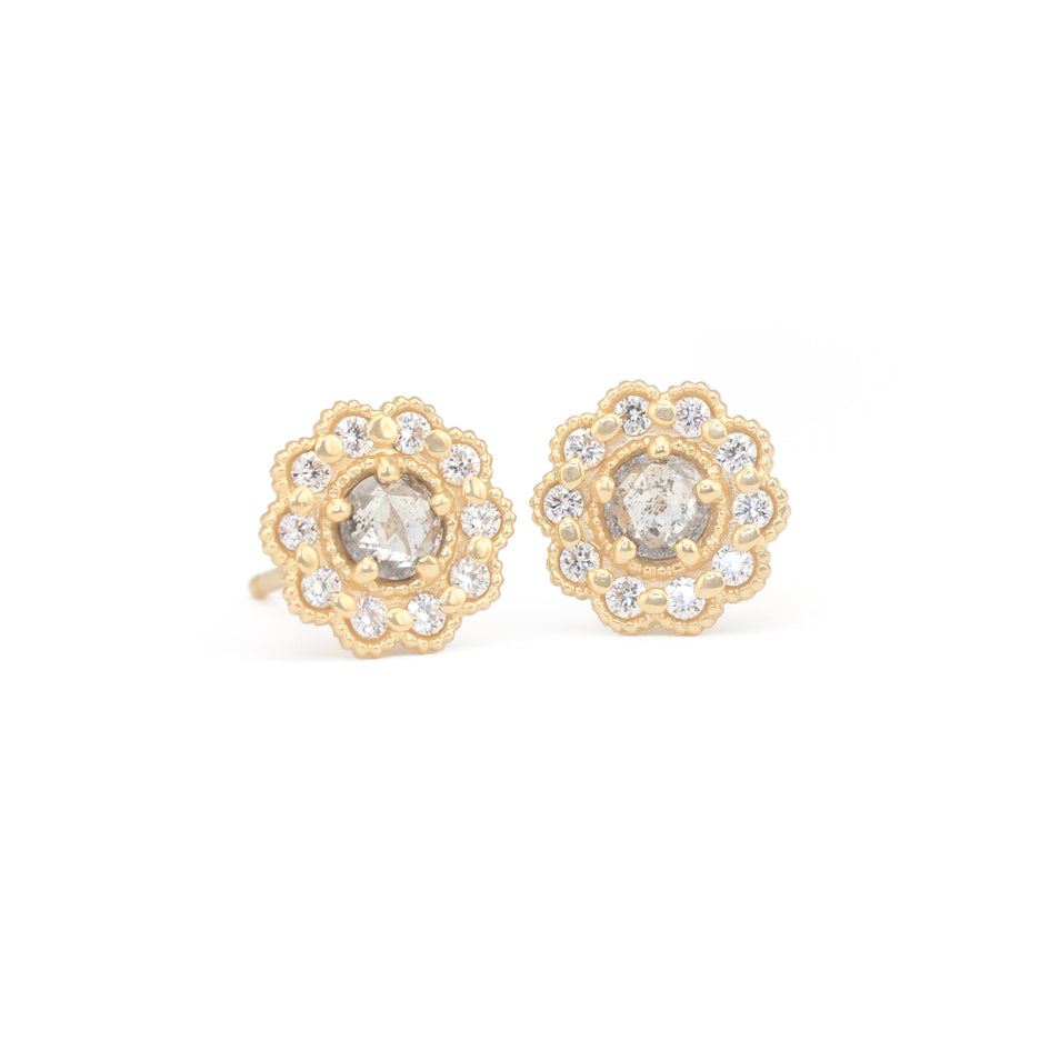 Rose Cut Salt and Pepper Diamond Earrings in Yellow Gold with Detailing Front View