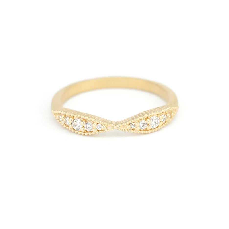 Textured Yellow Gold Nestle Wedding Band with Diamond Front View