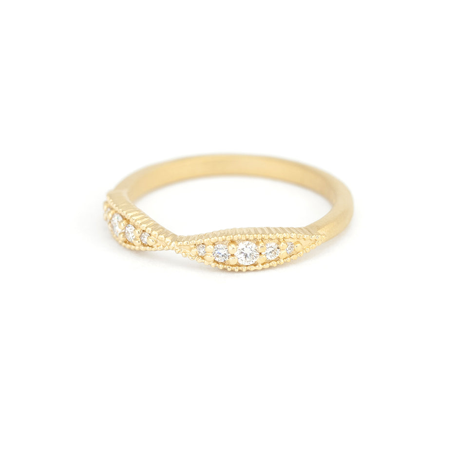 Textured Yellow Gold Nestle Wedding Band with Diamond Front View