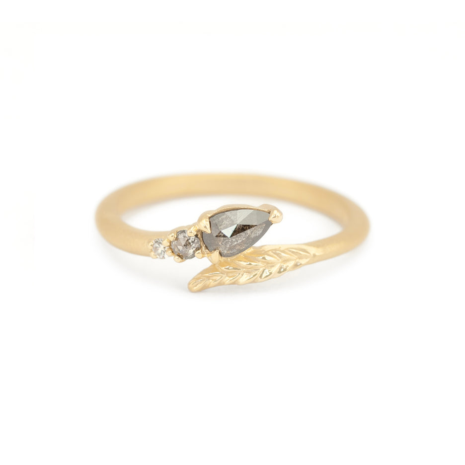 Salt and Pepper Diamond Ring in Yellow Gold with Botanical Detailing Front View