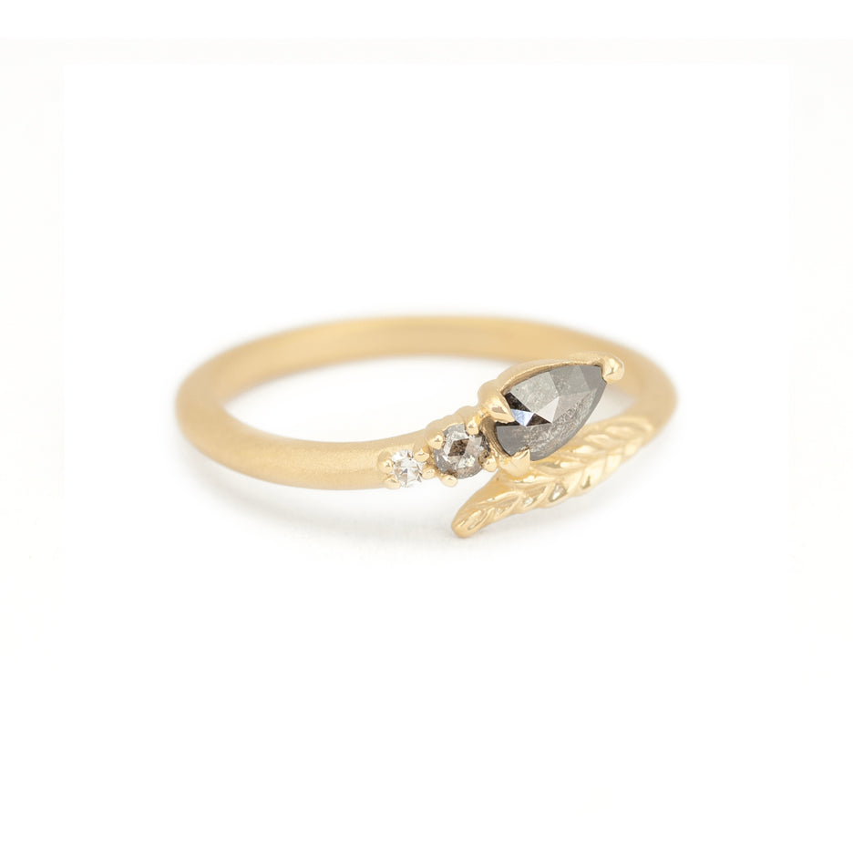 Salt and Pepper Diamond Ring in Yellow Gold with Botanical Detailing Front View