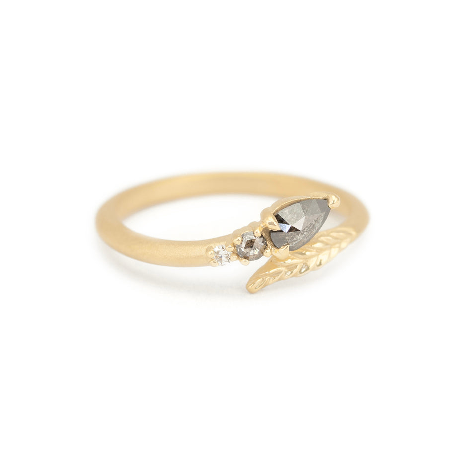 Salt and Pepper Diamond Ring in Yellow Gold with Botanical Detailing Side View