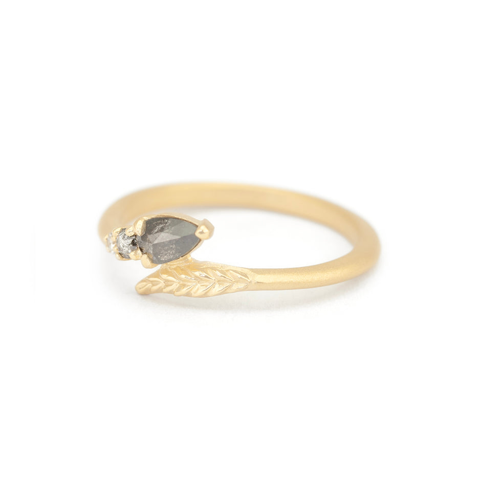 Salt and Pepper Diamond Ring in Yellow Gold with Botanical Detailing Side View