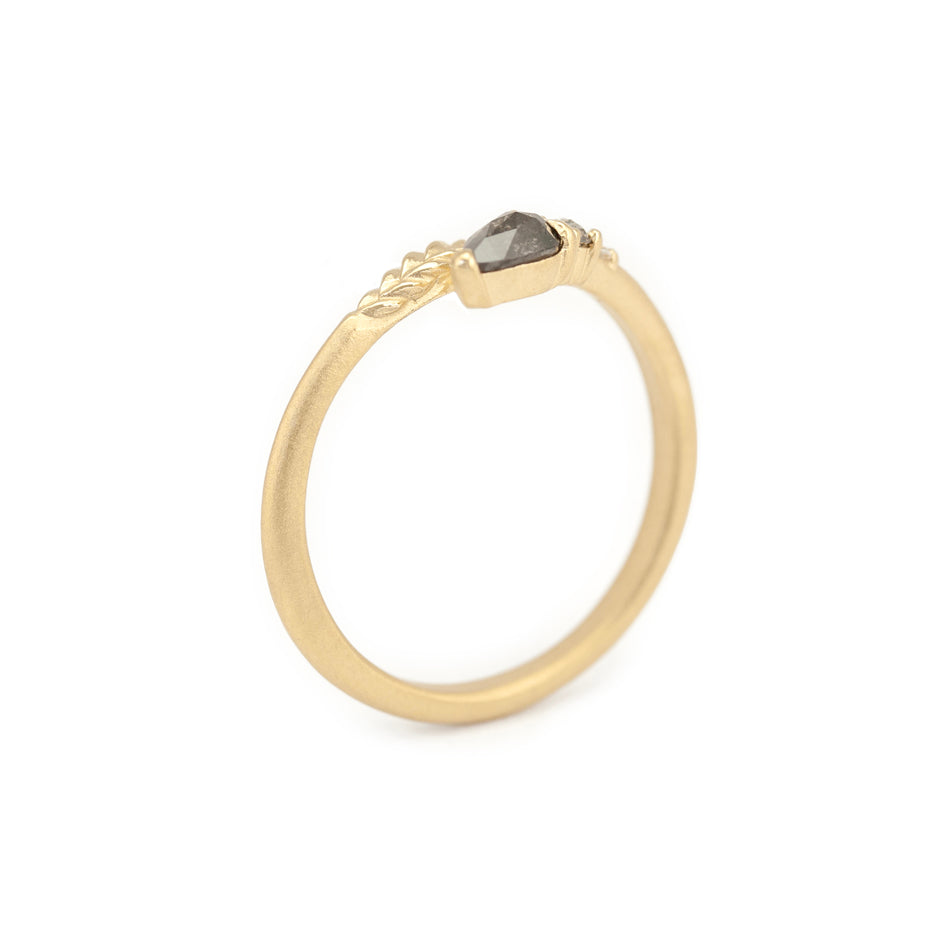 Salt and Pepper Diamond Ring in Yellow Gold with Botanical Detailing Through Finger View