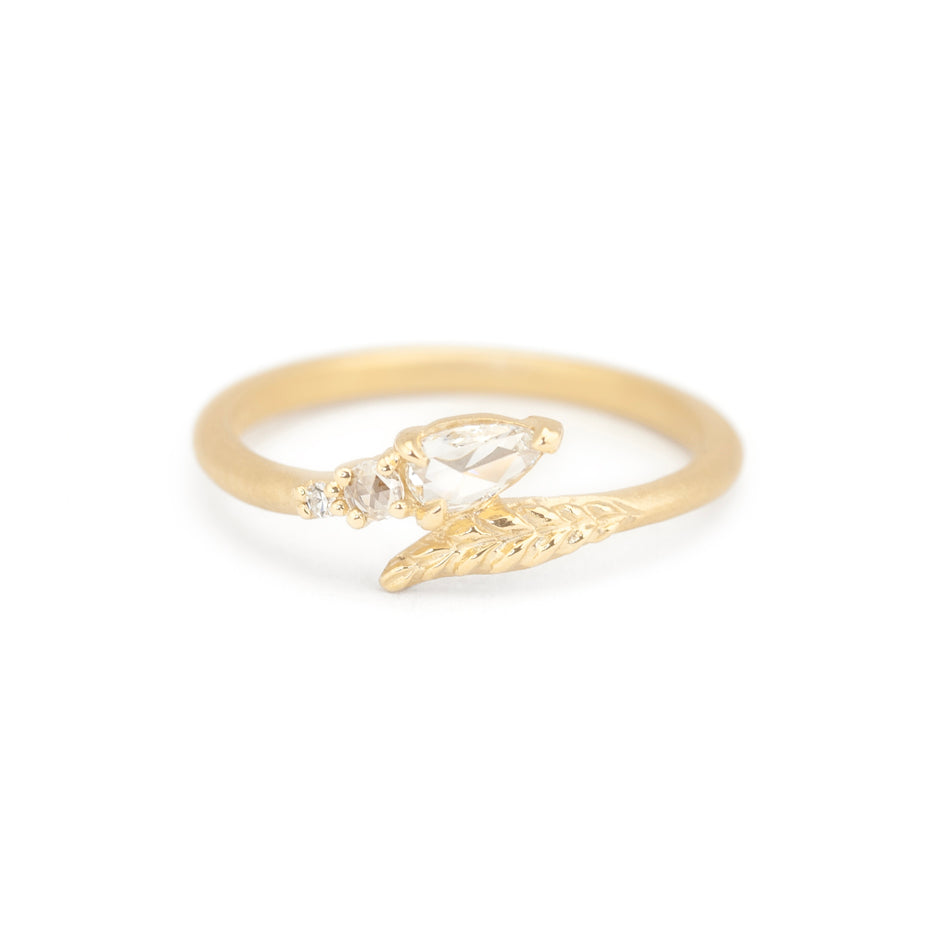 Rose Cut Diamond Ring in Yellow Gold with Botanical Detailing Front View