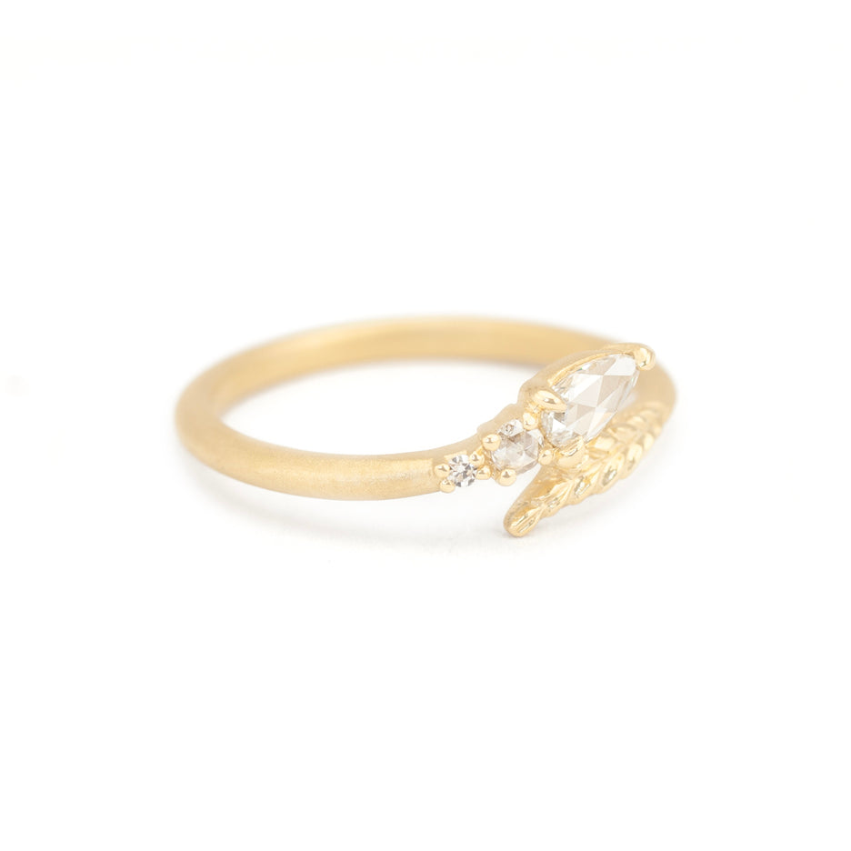 Rose Cut Diamond Ring in Yellow Gold with Botanical Detailing Side View