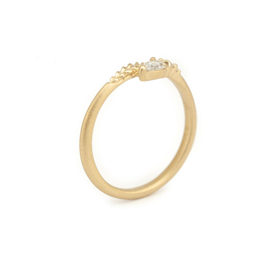 Rose Cut Diamond Ring in Yellow Gold with Botanical Detailing Through Finger View